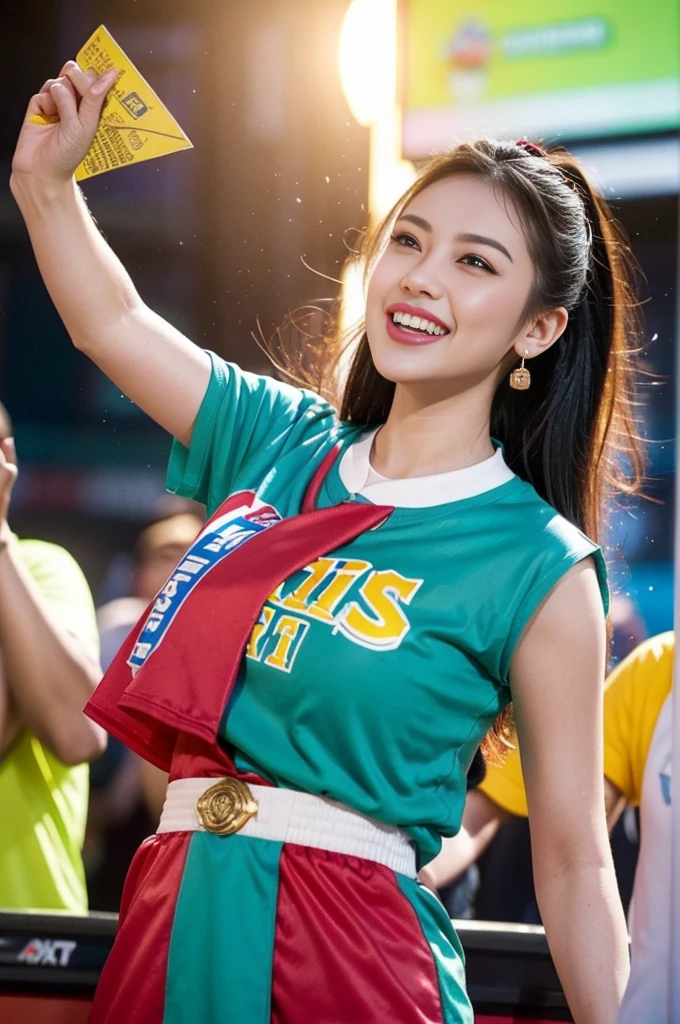 Create a vibrant and dynamic image of a joyful game winner being rewarded with cash. The winner should be a young adult, expressing excitement and happiness, with a big smile and arms raised in victory. The scene should include visual elements related to gaming, such as a gaming console, a trophy, or virtual game icons in the background. The cash should be visibly prominent, with some bills floating around or being handed to the winner. Use bright, energetic colors to convey a celebratory mood, and ensure the background complements the scene without being too distracting. The overall theme should be fun, exciting, and rewarding.