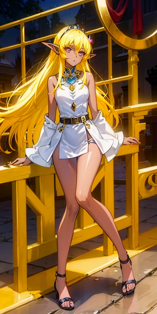 Princess Nina female elf, full body toe to head (dark skin:1.5,golden eyes:1.4,bright blonde hair:1.3,gal style)