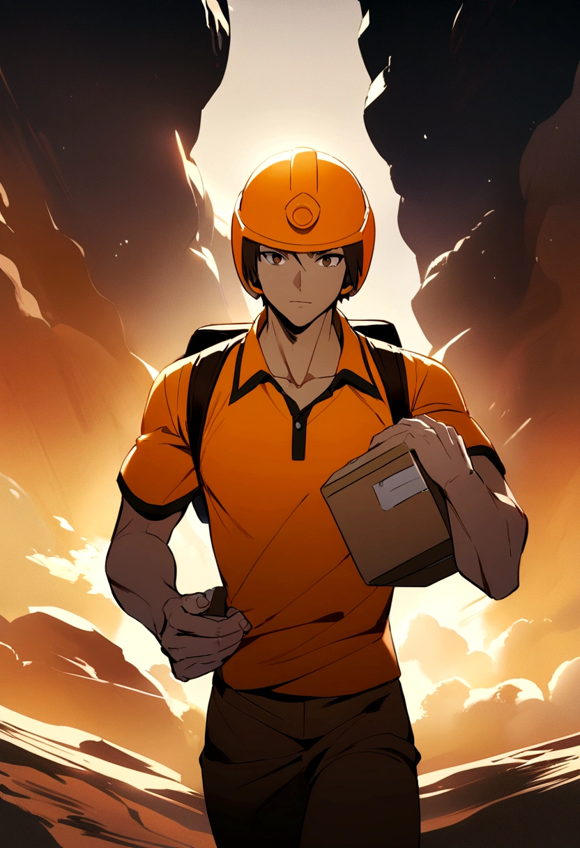 The boy wore an orange helmet with yellow trim, brown eyes, an orange polo shirt with white trim, a black backpack, and was carrying a small box.