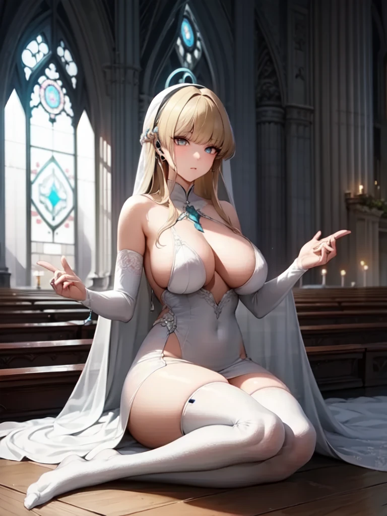 A girl，Long hair, Bangs, Blonde hair, Hair between the eyes, s eyes:（1.5),  (Large Breasts:1.2), 
rest  锁骨, Wedding dress，veil，wedding，White Dress，Flowers，The skirt is broken，White socks，Tights，White knee socks，
Looking at the audience, whole body,
indoors, church，permanent，permanent，
rest (masterpiece:1.2), best quality, high resolution, Unity 8K wallpaper, (illustration:0.8), (美丽细致s eyes:1.6), Extremely detailed face, Perfect lighting, Extremely detailed CG, (Perfect hands, Perfect anatomical structure),