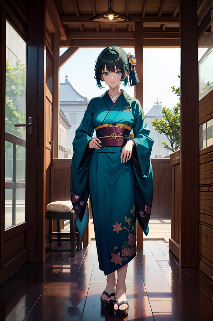 1woman, dark green hair, blue eyes, kimono, standing on ground, high res, ultra sharp, 8K, masterpiece