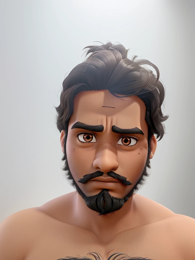 Boy with black eyes, hair, beard and mustache, dark skin, features of an Indian prince, round face, slightly protuberant cheekbones, serious face, penetrating gaze, looking like a Disney Aladdin.