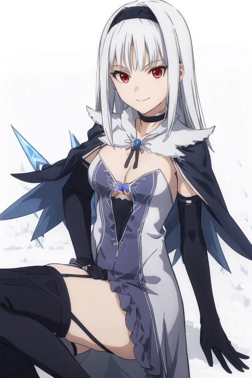 1girl, aira blanc neige, shining blade, smile, galdinius hairband, black elbow gloves, blue dress cleavage, frilled choker, black cape, black thighhighs frills, blue gemstone, park, snow, best quality, masterpiece, looking at viewers