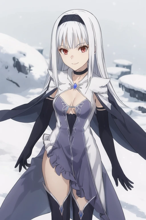 1girl, aira blanc neige, shining blade, smile, galdinius hairband, black elbow gloves, blue dress cleavage, frilled choker, black cape, black thighhighs frills, blue gemstone, park, snow, best quality, masterpiece, looking at viewers 