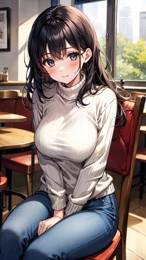 1 girl, alone, cafes, black hair,  sweater, jeans, sit on the chair, dynamic poses, Indoors, Large Breasts