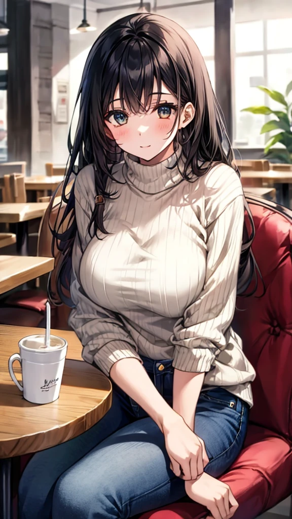 1 girl, alone, cafes, black hair,  sweater, jeans, sit on the chair, dynamic poses, Indoors, Large Breasts