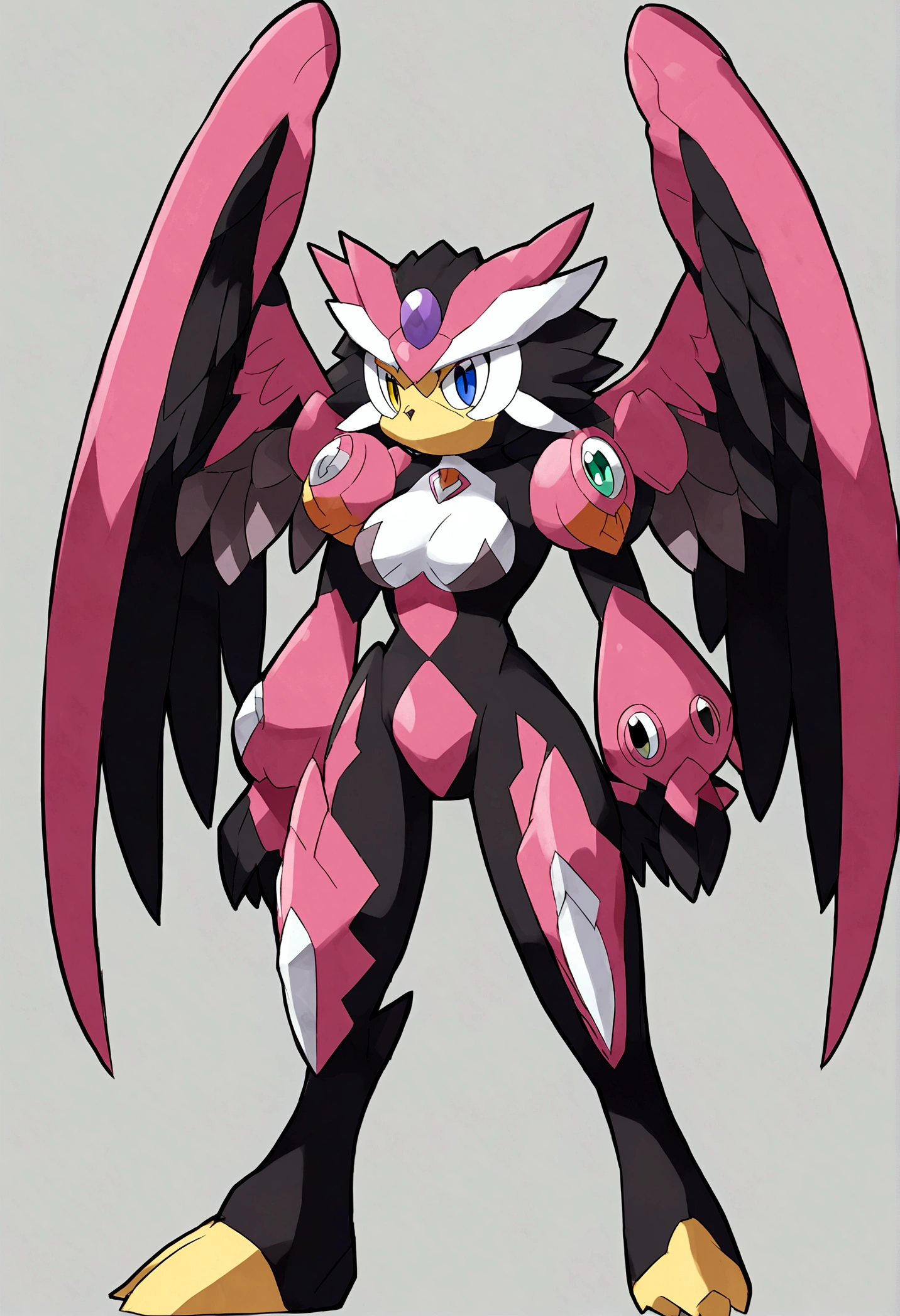 white fakemon griffon,cat owl, big wings and heterochromia eyes.