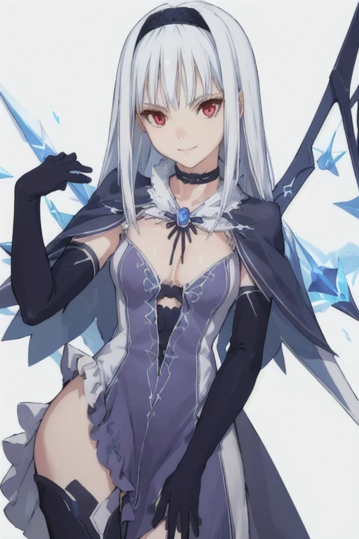 1girl, aira blanc neige, shining blade, smile, galdinius hairband, black elbow gloves, blue dress cleavage, frilled choker, black cape, black thighhighs frills, blue gemstone, park, snow, best quality, masterpiece, looking at viewers 