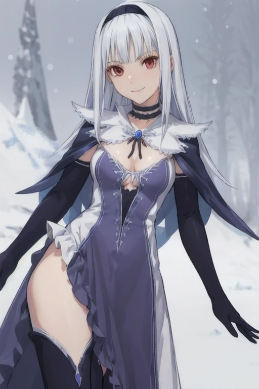 1girl, aira blanc neige, shining blade, smile, galdinius hairband, black elbow gloves, blue dress cleavage, frilled choker, black cape, black thighhighs frills, blue gemstone, park, snow, best quality, masterpiece, looking at viewers 