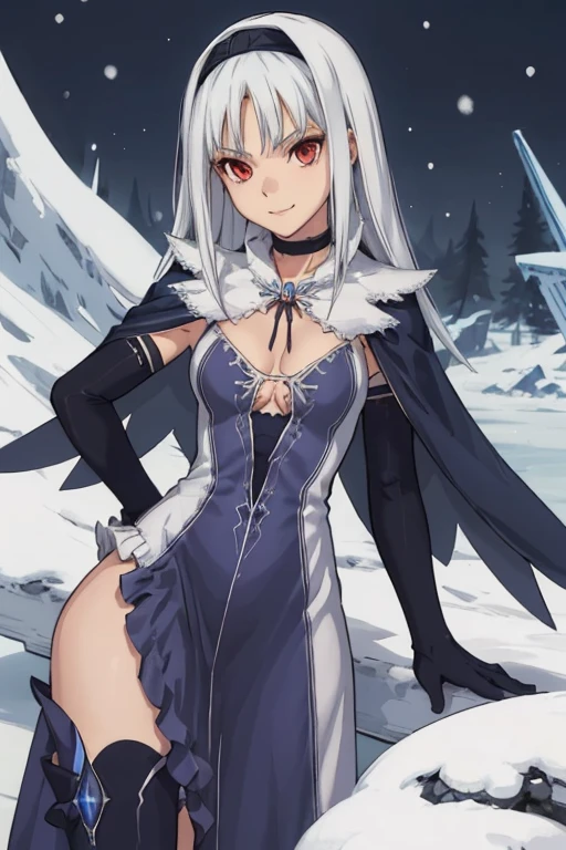 1girl, aira blanc neige, shining blade, smile, galdinius hairband, black elbow gloves, blue dress cleavage, frilled choker, black cape, black thighhighs frills, blue gemstone, park, snow, best quality, masterpiece, looking at viewers 