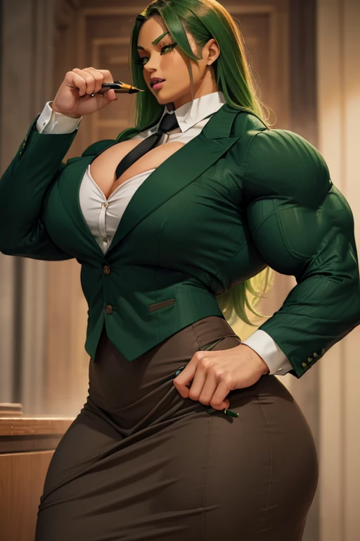 ((Massive, beautiful, buff, light brown skinned muscular woman with green hair, orange eyes, black lipstick, ginormous bulky muscles)), (((green three-piece suit))), necktie, blazer, (((green suit jacket))), (((waistcoat))), double-breasted waistcoat, (((black pencil skirt))), ((pencil skirt)), tie clip, pocket square, pocket watch, pantyhose, high heels, (close view), (massive muscles), hyper muscles, long curvy hair, in an courtroom,