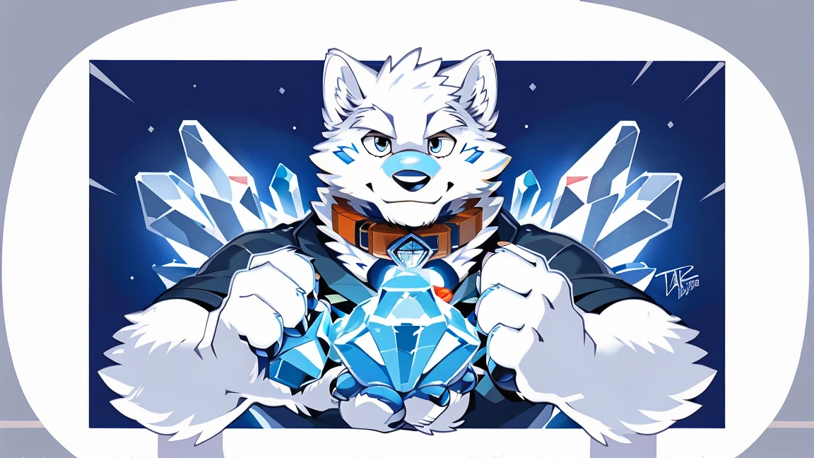 human nature, Wildlife, male,18 years old, solitary, ((Round Face, The face is plump,Orange eyes,Thick white hair,With wounds)), ((Endomorph, Handsome,enthusiasm)), (nude,Light blue and white melt glass cover,Close your eyes), ((domestic 犬, Dog Orc,) Fluffy fur, Fluffy), Bokeh, (high quality, high resolution, masterpiece), (Dynamic Lighting, Vibrant colors,Natural fill light), (Revitalize,Disdain,aggressive), Full body picture (close up), cartoon, author:Takemoto Arashi, From zixiong, By Chunni, author:Empty Ghost,(background:Inside the glass cover of the artificial biological dissolving container)