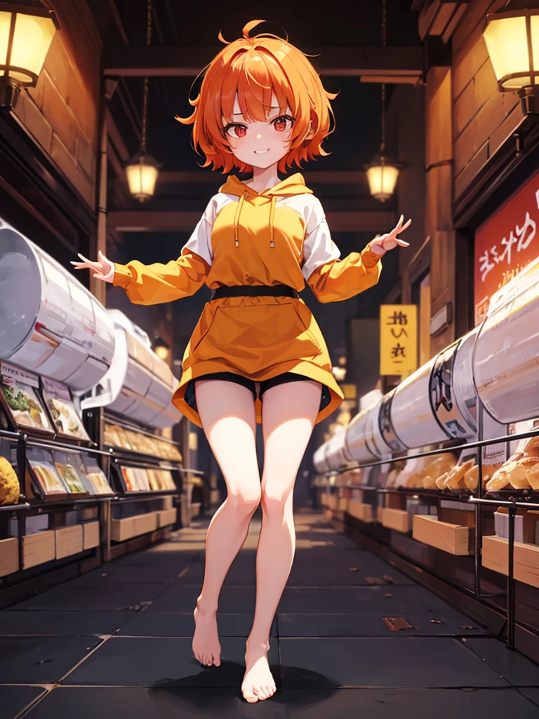 1baby li anime girl, nekomimi, shorthair, short girl, 136 cm short girl, banime girl,( yellow combined with orange and red eyes), (light red hair), hoodie black and white color funny pattern, short pants,Bare feet, funny face, sweet smile, high quality, detailed, sharp, anime style, vibrant colors, smooth lines, beautiful, well drawn, clean, elegant, expressive faces, accurate anatomy, well proportioned, dynamic poses, stylish clothing, appealing character design, clear background, harmonious color scheme, bright, well lit, soft shading, glossy eyes, detailed hair, natural expressions, high resolution, finely detailed, atmospheric, immersive, captivating, aesthetically pleasing, perfect composition, balanced lighting, artistic, fantasy, enchanting, unique, imaginative, vivid, striking, lively, carefully crafted, seamless blending, well framed, polished, intricate patterns, crisp details, warm tones, realistic proportions, emotionally engaging, high contrast, rich textures, picturesque, well executed, professional, sophisticated, storybook style, charming, graceful, youthful, iconic, clean lines, dynamic lighting, ethereal, meticulously detailed, high aesthetic value, enchanting characters, visually stunning, balanced composition, colorful, delightful, high fidelity, whimsical, masterfully drawn