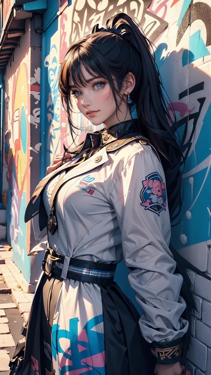 (Highest quality), masterpiece, Highly detailed CG uniform 8K illustrations, High collar, extremely High collar saturation, All the colors have deepened, paint, Graffiti art, Center Configuration, Highly detailed lights and shadows, Graffiti wall, wall painted bright, A girl's graffiti A girl is staring at the wall, Highly detailed face and eyes, Medium length hair, Sportswear, Coloured Clouds