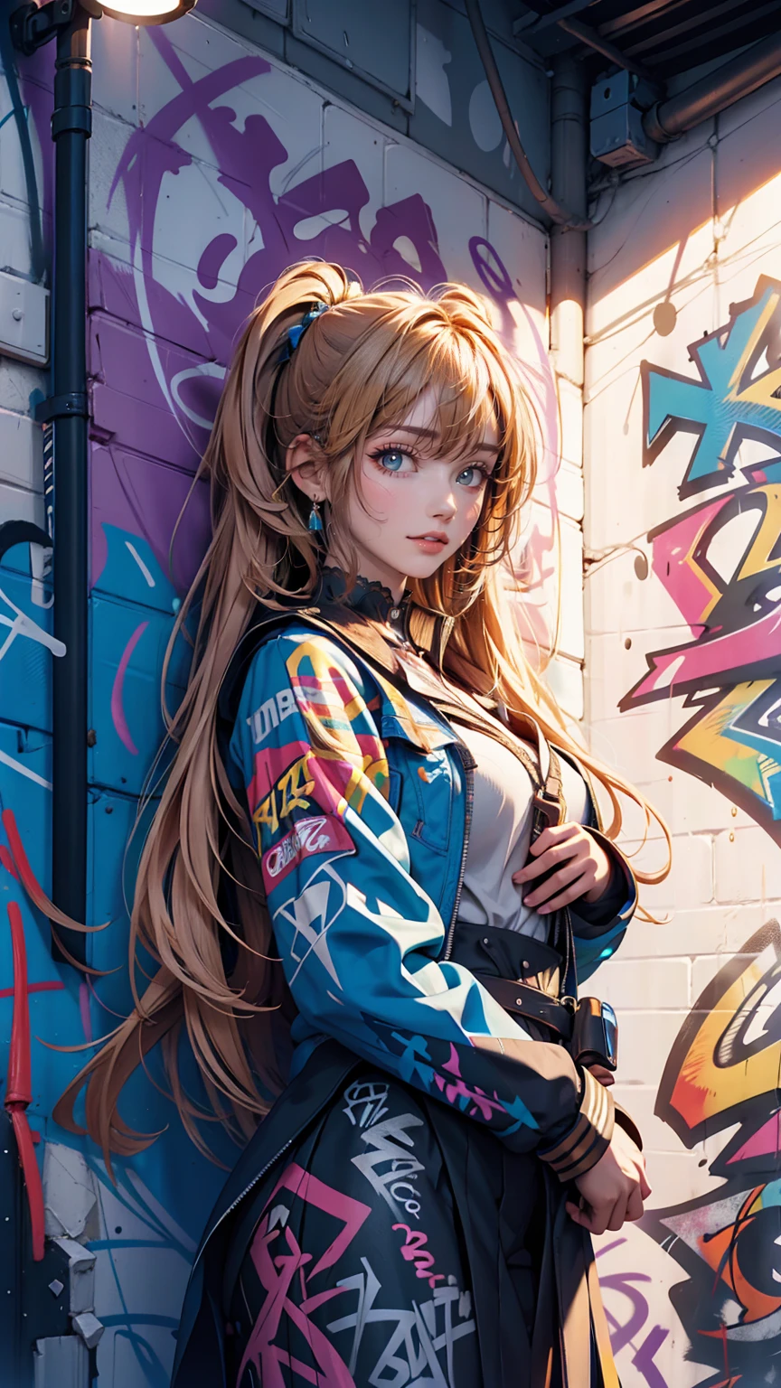 (Highest quality), masterpiece, Highly detailed CG uniform 8K illustrations, High collar, extremely High collar saturation, All the colors have deepened, paint, Graffiti art, Center Configuration, Highly detailed lights and shadows, Graffiti wall, wall painted bright, A girl's graffiti A girl is staring at the wall, Highly detailed face and eyes, Medium length hair, Sportswear, Coloured Clouds
