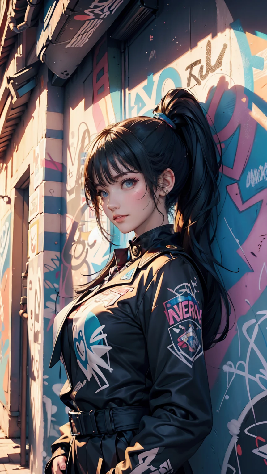 (Highest quality), masterpiece, Highly detailed CG uniform 8K illustrations, High collar, extremely High collar saturation, All the colors have deepened, paint, Graffiti art, Center Configuration, Highly detailed lights and shadows, Graffiti wall, wall painted bright, A girl&#39;s graffiti A girl is staring at the wall, Highly detailed face and eyes, Medium length hair, Sportswear, Coloured Clouds