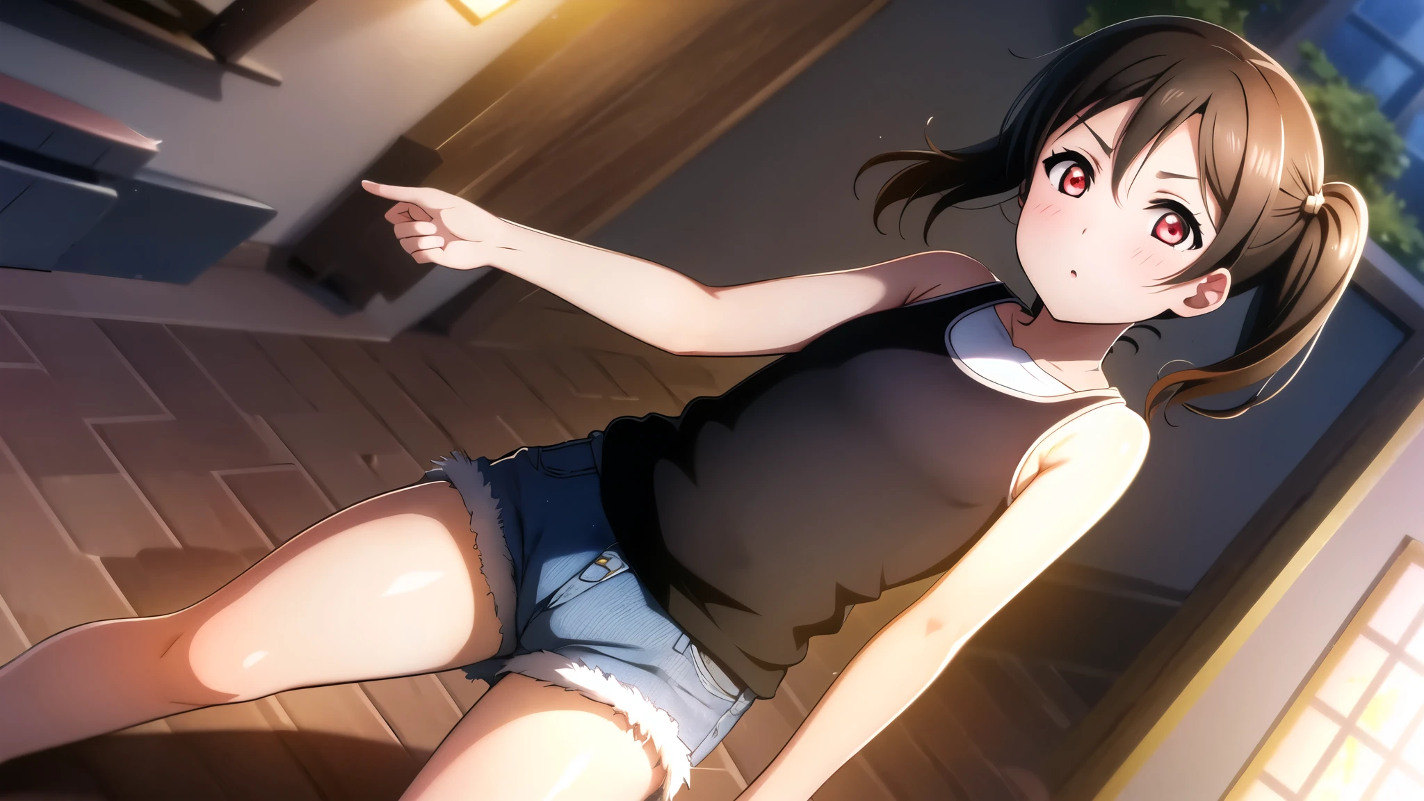 Yazawa nico, Twin tails,Red eyes,((Mid-chest, Tomboy, Small Head)), Dawn, sunlight, (Trained abdominal muscles : 1.1), (Perfect body : 1.1), (Short Wavy Hair : 1.2) , Auburn Hair, collar, Lock, Full Body Shot, Crowded street, Wearing a black tank top, Jeans jacket, ((Shorts)), (Highly detailed CG 8K wallpaper), (Very delicate and beautiful), (masterpiece), (Highest quality:1.0), (ultra High resolution:1.0),  Beautiful lighting ,Perfect Lightning, Realistic Shadows, [High resolution], Detailed skin, Super detailed