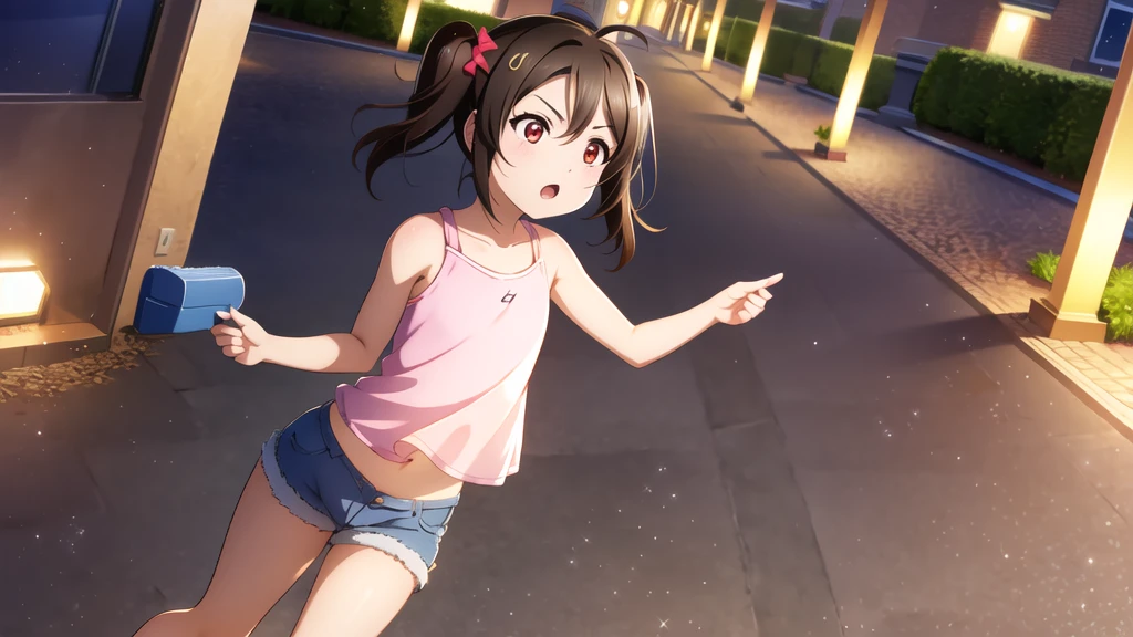 Yazawa nico, Twin tails,Red eyes,((Mid-chest, Tomboy, Small Head)), Dawn, sunlight, (Trained abdominal muscles : 1.1), (Perfect body : 1.1), (Short Wavy Hair : 1.2) , Auburn Hair, collar, Lock, Full Body Shot, Crowded street, Wearing a black tank top, Jeans jacket, ((Shorts)), (Highly detailed CG 8K wallpaper), (Very delicate and beautiful), (masterpiece), (Highest quality:1.0), (ultra High resolution:1.0),  Beautiful lighting ,Perfect Lightning, Realistic Shadows, [High resolution], Detailed skin, Super detailed