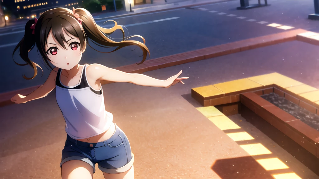 Yazawa nico, Twin tails,Red eyes,((Mid-chest, Tomboy, Small Head)), Dawn, sunlight, (Trained abdominal muscles : 1.1), (Perfect body : 1.1), (Short Wavy Hair : 1.2) , Auburn Hair, collar, Lock, Full Body Shot, Crowded street, Wearing a black tank top, Jeans jacket, ((Shorts)), (Highly detailed CG 8K wallpaper), (Very delicate and beautiful), (masterpiece), (Highest quality:1.0), (ultra High resolution:1.0),  Beautiful lighting ,Perfect Lightning, Realistic Shadows, [High resolution], Detailed skin, Super detailed