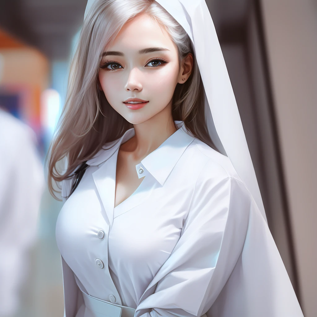 There is a woman holding a folder in the hospital corridor., Health care workers, Portrait Shot, Wearing white hospital clothes, closeup Portrait Shot, Hospital Background, wearing a white coat and blouse, Clean medical environment, nurse girl, Close-up portrait, close range, Wearing a white coat, Close - Shot, Wide Portrait, nurse, close up Portrait Shot, Wear a white coat