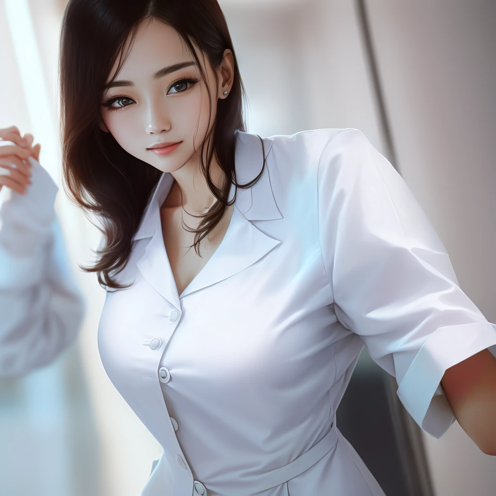 There is a woman holding a folder in the hospital corridor., Health care workers, Portrait Shot, Wearing white hospital clothes, closeup Portrait Shot, Hospital Background, wearing a white coat and blouse, Clean medical environment, nurse girl, Close-up portrait, close range, Wearing a white coat, Close - Shot, Wide Portrait, nurse, close up Portrait Shot, Wear a white coat