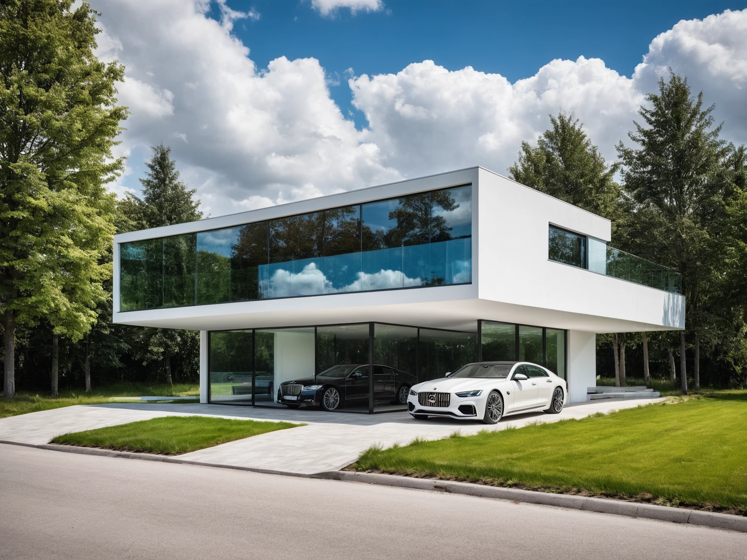 Raw photo, Masterpiece, high quality, best quality, authentic, super detail,
outdoors, house style modern, white wall, glass windows, canopy, car, glass railing,
road, grass, trees, sky, cloud, daylight:1.1), vivid colors, (realistic:1.2),
