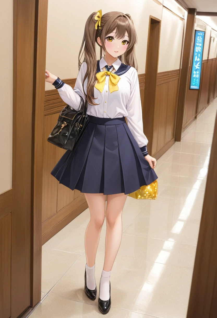 Minami Kotori, 1 Girl, Solitary, masterPageiece, 1 Girl, best quality, Ultra Detailed, (shining), Uniforms, ((floorroom)), exist室内, floor, :Page, blush, Light线追踪,Pageerfect Lighting, (shining skin:1.2),reflection, long_hair, Watching_exist_Viewer, blush, skirt, Ribbon, Double tail, yellow_Eye, Pageantyhose, Bag, Black_Pageantyhose, low_Double tail, Light_Brown_hair, Light环, niPagePageles, Not suitable for working hours,