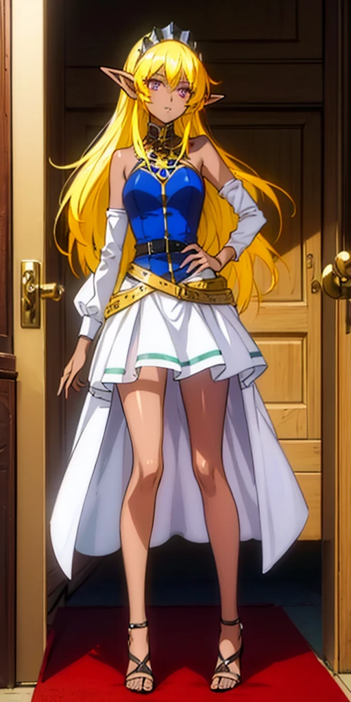 Princess Nina female elf, full body toe to head (blackest skin:1.5,golden eyes:1.4,bright blonde hair:1.3,gal style)