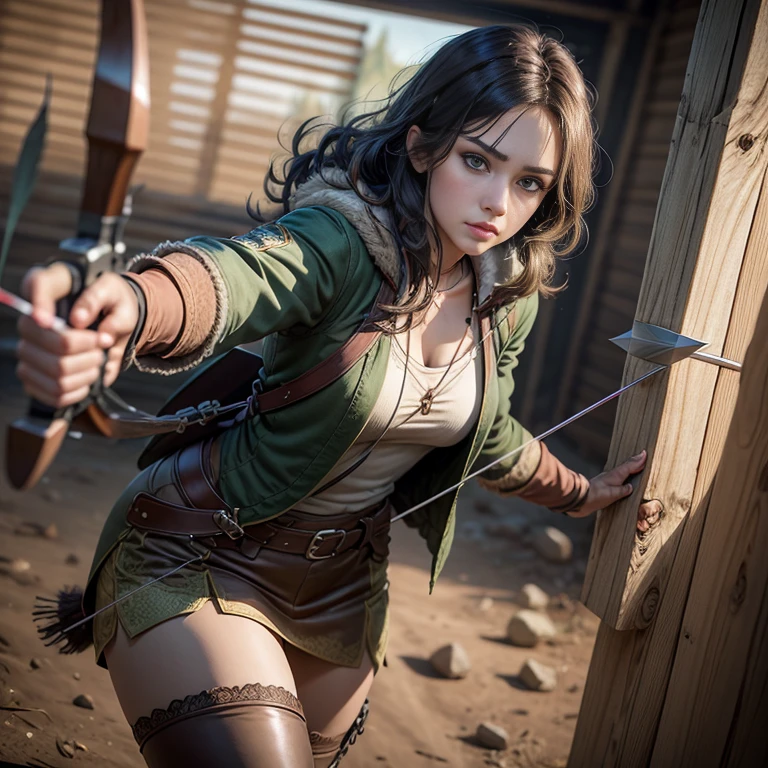 Female Robin hood toned in shooting arrow with crossbow, archer