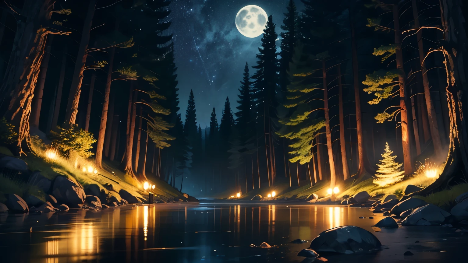 A quiet river flowing lazily through a lush forest at night。The water is clear、Reflecting the moonlight and the stars。The soft moonlight shines through the treetops、It creates a shiny pattern on the surface of the river.。There are some rocks and pebbles in the riverbed.、Visible through clear water。fireflies dance、The light adds a magical touch to the scene.。The overall atmosphere is peaceful and calm.、Mysterious。