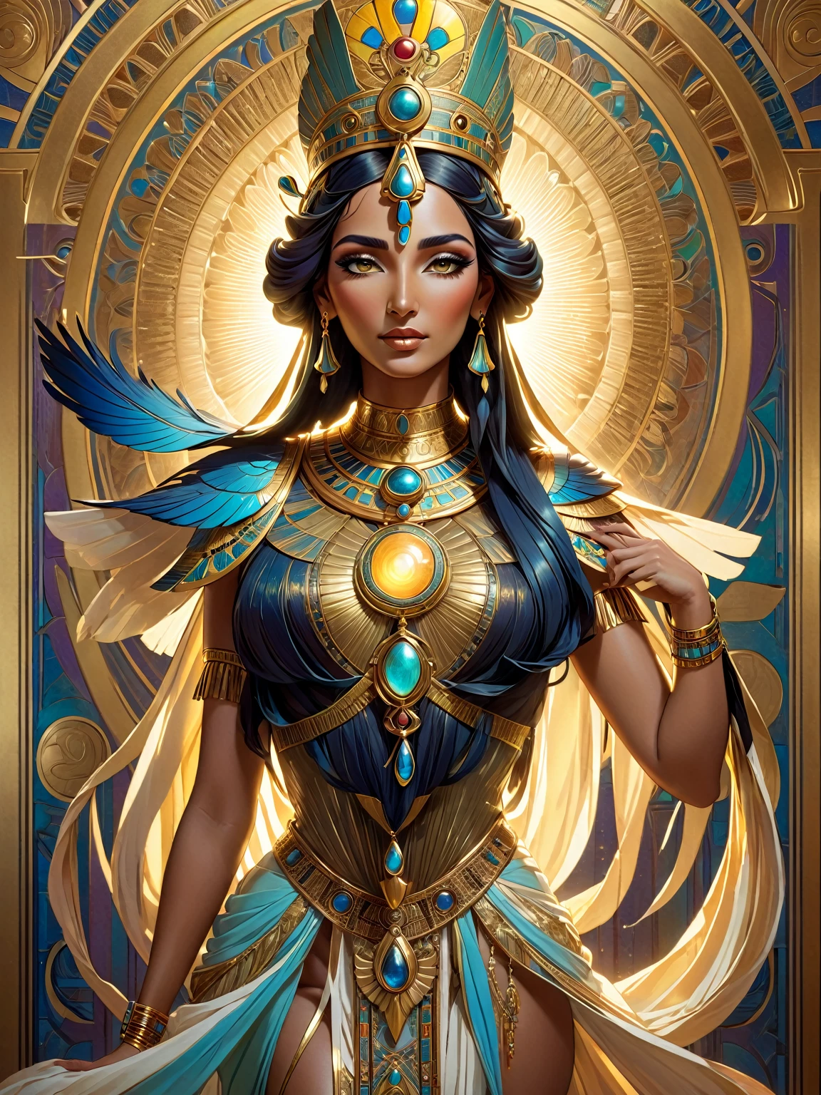  beautiful goddess isis, egyptian goddess, alphonse mucha style, detailed crown, queenie gesture, ornate headdress, flowing robes, golden skin, piercing eyes, intricate details, ethereal lighting, dreamlike atmosphere, vibrant colors, dramatic pose, masterpiece, 8k, ultra-detailed, photorealistic, cinematic, glowing aura