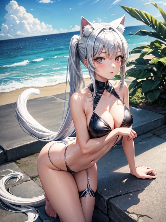 Silver long pony tail girl silver eyes silver cat ears 2 silver cat tails wearing silver swimsuit