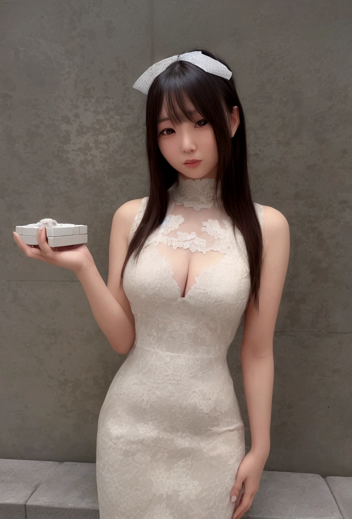 "A beautiful young woman in a Japanese standing on lightweight bricks, holding a lightweight brick stamped with 'SDCon'. The bricks are white, and the background features the cityscape of Tokyo."