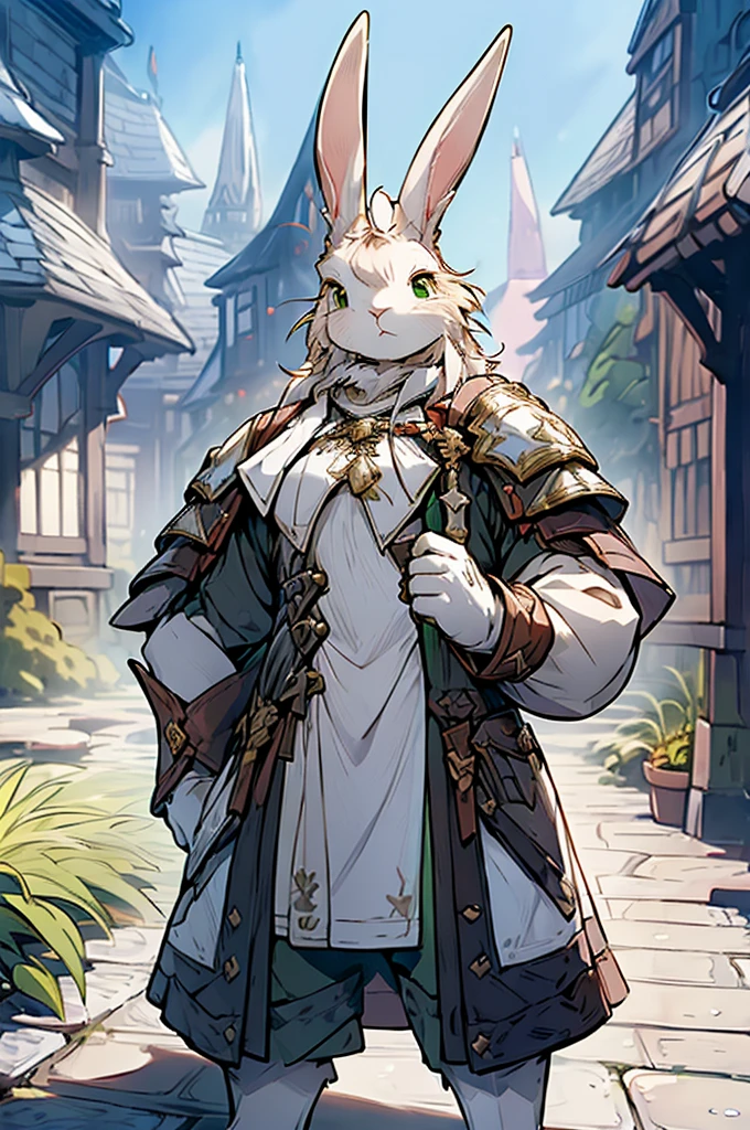 (((male, solo, bunny boy, White fur, elegante fantasy clothes))), elegante clothes, fantay clothes,green eyes, seafoam green clothes, ranger, pixiv, masterpiece, cute, (((fullbody)))
