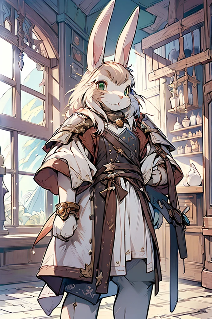 (((male, solo, bunny boy, White fur, elegante fantasy clothes))), elegante clothes, fantay clothes,green eyes, seafoam green clothes, ranger, pixiv, masterpiece, cute, (((fullbody)))
