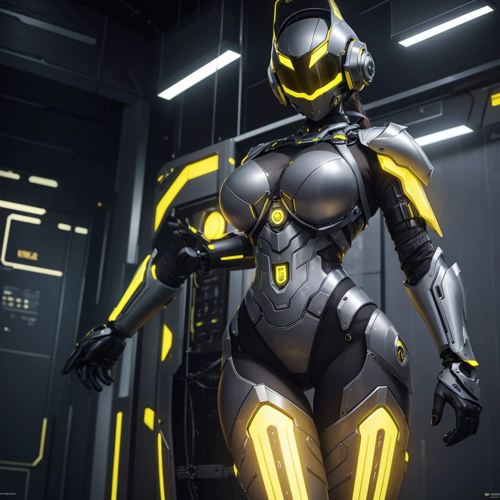 (masterpiece), (best quality), (high res) Solo, (perfect anatomy) Dronificated unknown woman , (enclosed gray full body armor) (yellow lights) (yellow glowing core in the chest), (enclosed cyber helmet), (yellow screen), huge breast, narrow waist, wide hips and thick thighs,(no face) no face, no hair, no mouth, no eyes, inside a room Being geld anf fucked by a machine, (sex) (fuck)