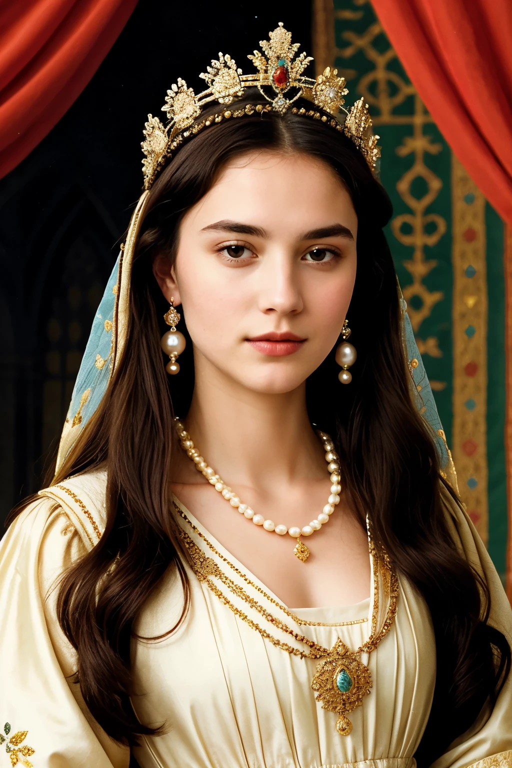 ((Best Quality)), ((Masterpiece)), (detailed), 
"Generates an image of a 21-year-old medieval woman, inspired by Margaret of Burgundy. She has dark hair, elegantly combed under a crown adorned with precious stones and pearls. His face reflects a serene and noble expression, with clear eyes that transmit intelligence and determination. She is wearing a dress richly decorated with floral motifs and gold embroidery., typical of 14th century court fashion. His bearing is regal and his presence radiates grace and authority., symbolizing her position as queen consort of France."