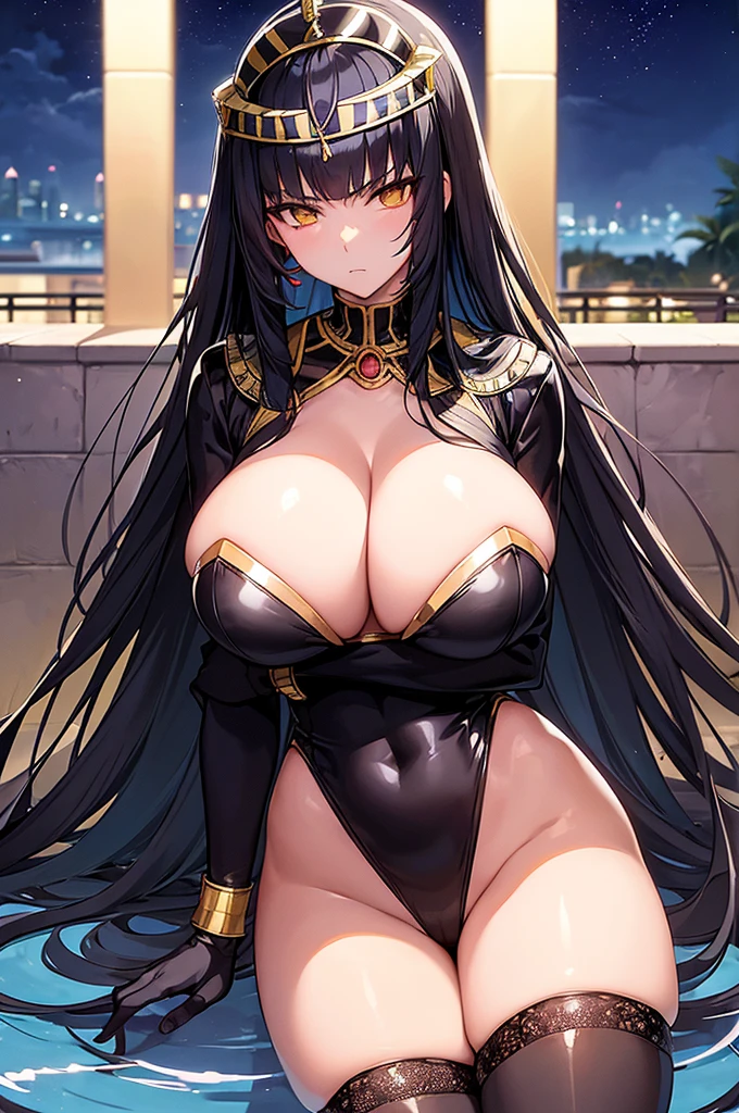 (((Anime illustration)))At the resort pool on a moonlit night、Beautiful night view、((Black-haired Cleopatra))、Beautiful black bikini、((Glowing gorgeous huge breasts))、Lace top stockings、Knee-high boots、Long satin gloves、Crossing legs、Condescending look、Glaring expression、Provocative pose、Sexy body