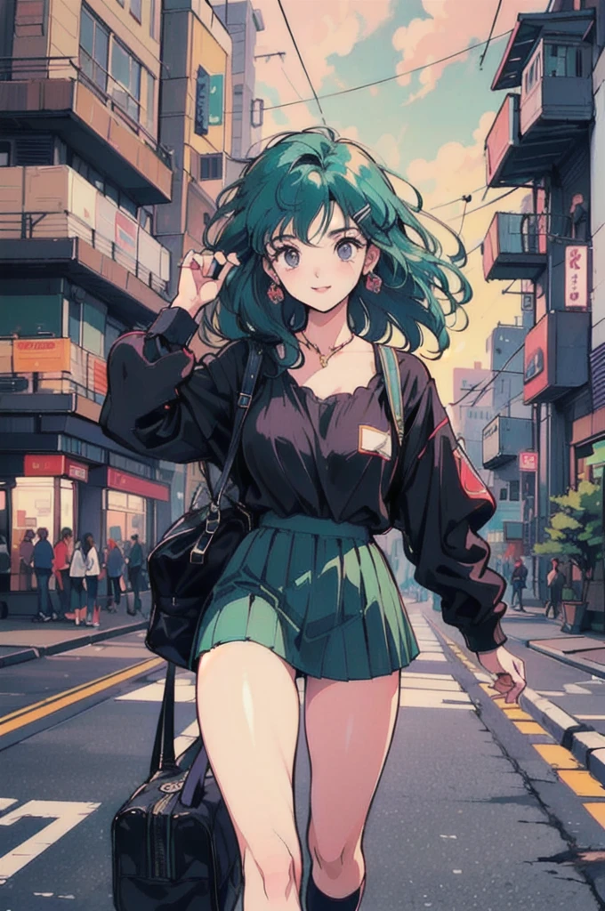 (80's, Retro, City Pop Poster:1.5), (Album cover), (masterpiece, Highest quality), (anime, figure), (pastel colour:1.4), 
Best Photo Poses, Dynamic Angle,
Cheerful face、smile、One high school girl、、On the road、sunset、Complex background、Detailed Hair、Light green hair with pink inner color、Wavy Hair、Gradient Hair、Green Hair、Side braids、hair like clouds、Soft Hair、Two Side Up Hair、Faint lighting、There is movement、Lively and active、Gold hair clip、loose socks、Checked skirt、Carrying a school bag、