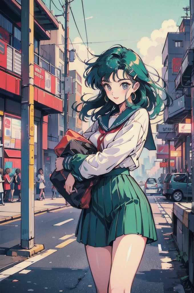 (80's, Retro, City Pop Poster:1.5), (Album cover), (masterpiece, Highest quality), (anime, figure), (pastel colour:1.4), 
Best Photo Poses, Dynamic Angle,
Cheerful face、smile、One high school girl、、On the road、sunset、Complex background、Detailed Hair、Light green hair with pink inner color、Wavy Hair、Gradient Hair、Green Hair、Side braids、hair like clouds、Soft Hair、Two Side Up Hair、Faint lighting、There is movement、Lively and active、Gold hair clip、loose socks、Checked skirt、Carrying a school bag、