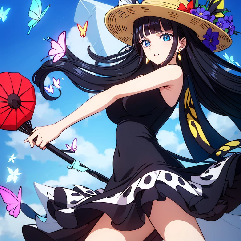 1girl, hat, solo, erfly, bug, jewelry, earrings, black hair, straw_hat, long_hair, looking_at_viewer, umbrella, holding, bare_shoulders, parted_lips, upper_body, breaess, from_side, shirt, bangs, black_ribbon, flower, blue_eyes, stud_earrings, eyelashes, blue_theme, frills, dress, glowing, hair_between_eyes (solo)