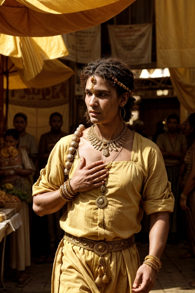 When he walked in the market in ancient times he wore jewelry on his arms and head and walked proudly and the people around him looked scared and looked at him because he wore yellow