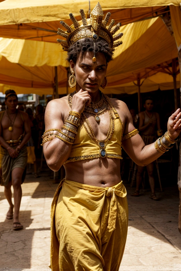 When he walked in the market in ancient times he wore jewelry on his arms and head and walked proudly and the people around him looked scared and looked at him because he wore yellow