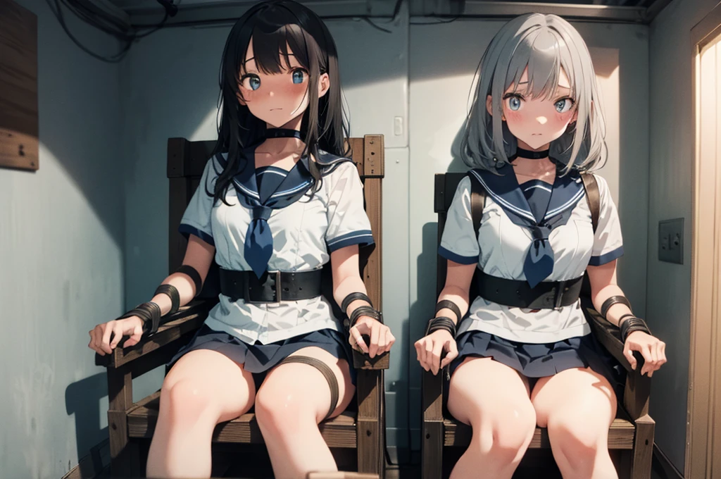 2 girls, ((inside tiny room, strapped to chairs)), (sitting:1.5), (bondage chair:1.5), (blushing:1.5), (open legs:1.5), ((basement, metal room)), (((3 girls, group of girls))), (inside torture room), arms to sides , wrist cuffs, ankle cuffs, (((shocked expression, struggling))), ((short sleeve,  sailor uniform, tight clohing)), arms to sides, long hair, dark hair, saphire eyes, perfect body, perfect face, detailed face, detailed eyes, 16K