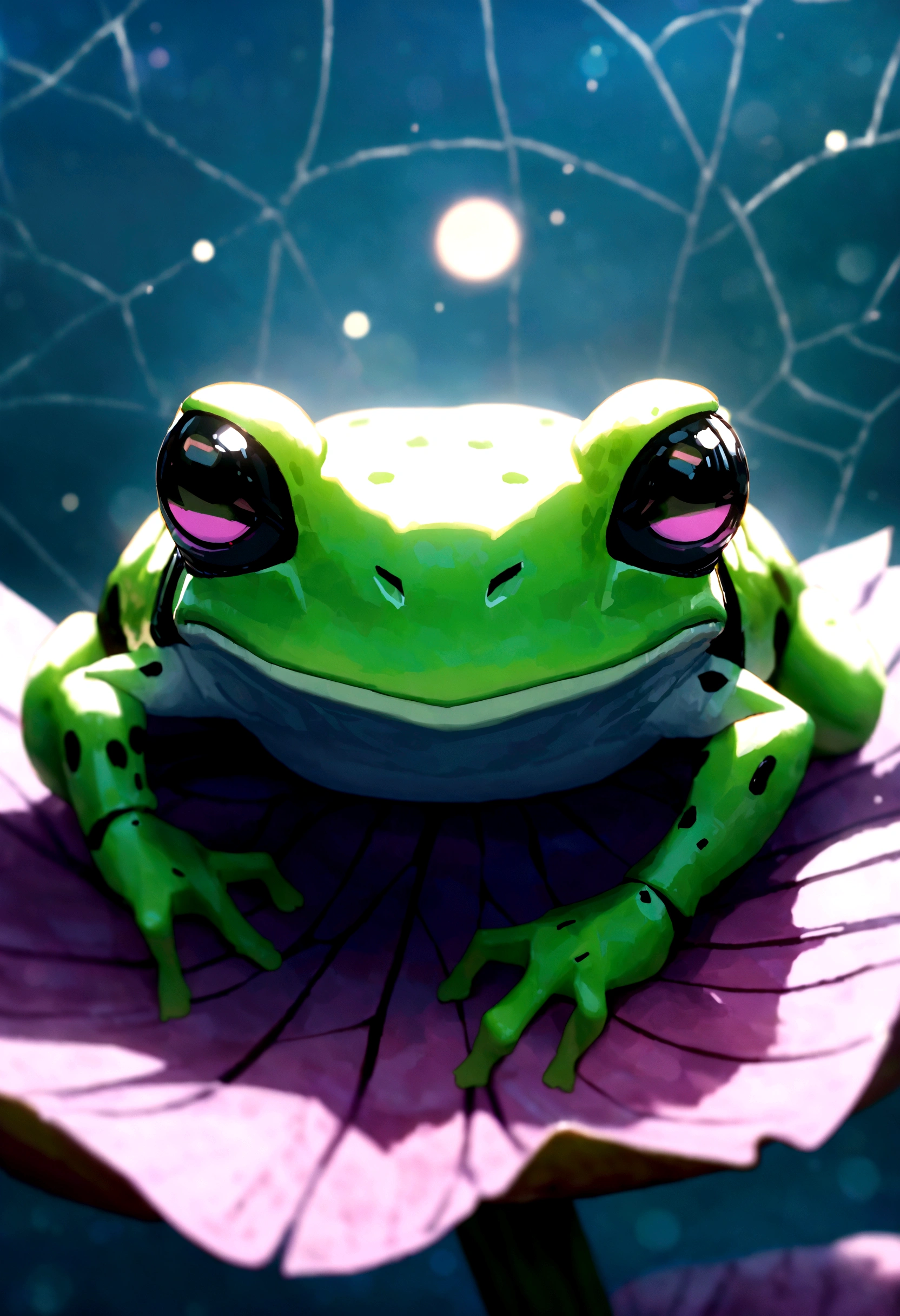 microcosm , Masterpiece , macro photography , cobweb, filmgrain, Bokeh , Smoke , Highly detailed, Sunny Sunny weather, Microflower, The drops, bblurry, Close up of 1 realistic frog sitting on a lotus:1.5, Azure background, subdued contrasts, rendering by octane , illusory engine