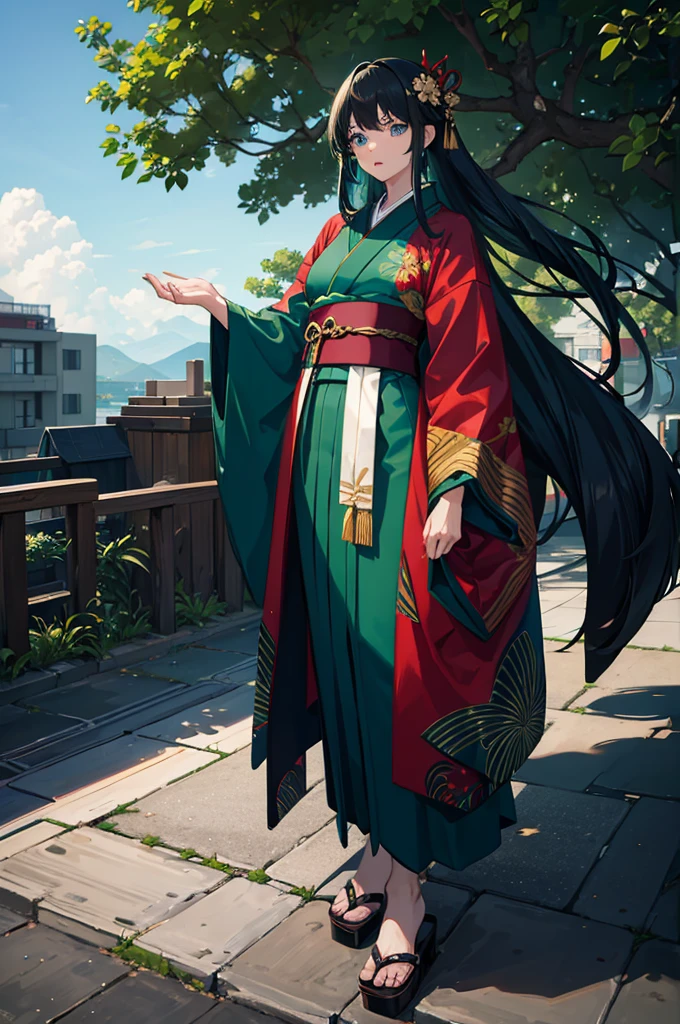 1woman, dark green hair, blue eyes, kimono, standing on ground, high res, ultra sharp, 8K, masterpiece