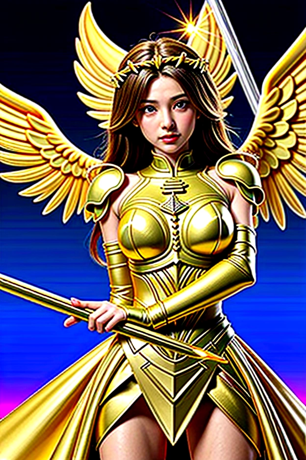 ((angel of justice)),(Receive the flame blade and reflect the dizzying light),burn with fire,equipped with golden armor,shining eyes,Holly gold colored background, wrap skirt,