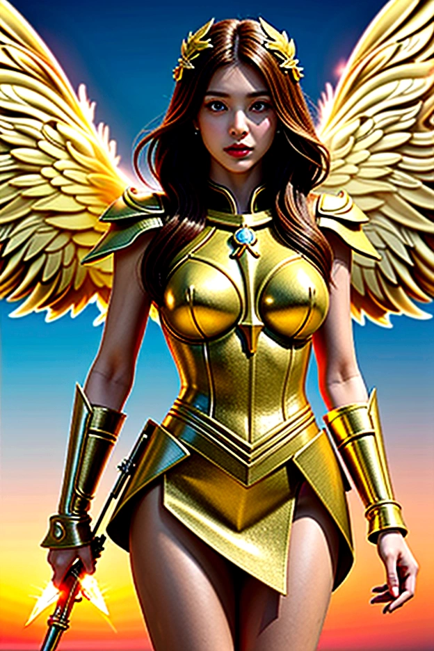 ((angel of justice)),(Receive the flame blade and reflect the dizzying light),burn with fire,equipped with golden armor,shining eyes,Holly gold colored background, wrap skirt,