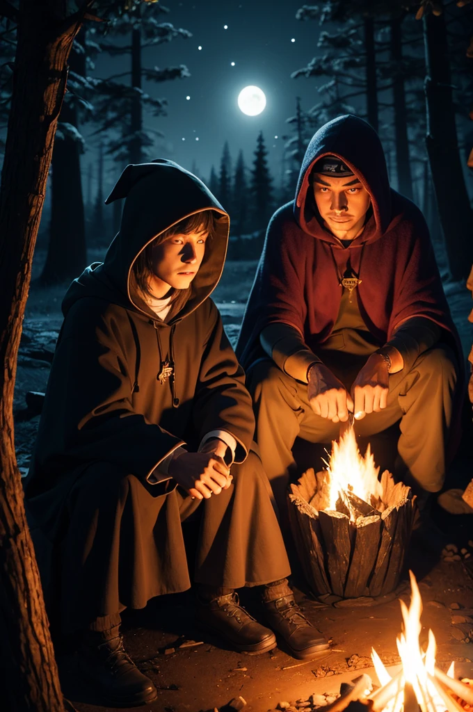 two wizards wearing hoods talking around a campfire at night 