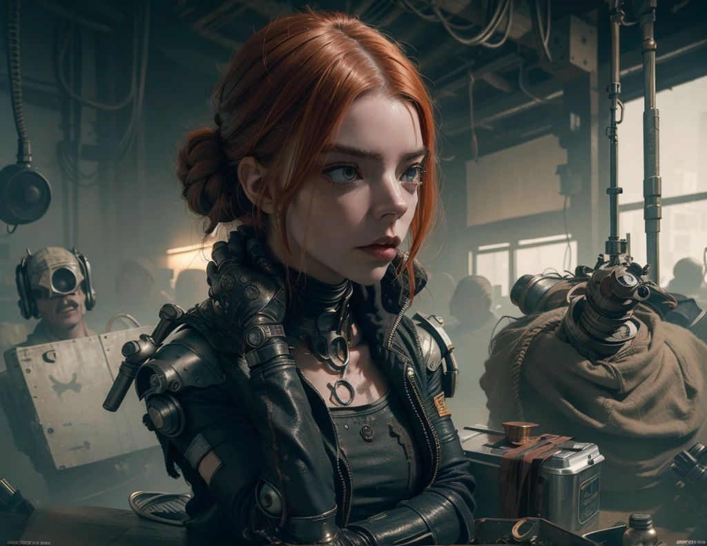 (((mulher))), (((melhor qualidade))), (((obra prima))), (((adulto))), A highly detailed and realistic skull girl,( Anya. Taylor Joy) cyberpunk character, mad max furiosa, one hand robot, cyborg arm, orange hair, dramatic metal heavy rock theme, best quality, 8k, hyperrealistic, photorealistic, extreme detailed painting, studio lighting, vivid colors, dark moody atmosphere, cinematic, dramatic pose, intricate mechanical details, glowing energy effects, intense gritty textures, seamless integration of organic and inorganic elements. Wearing the used clothes of a wastelander. Background: An apocalyptic wasteland. Dusty and depressing.